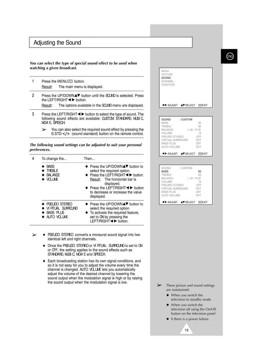 Samsung DS-21G5, DW21G5 manual Adjusting the Sound 