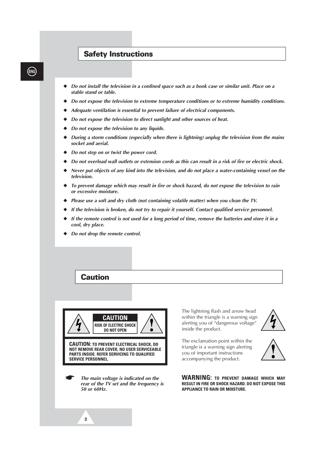 Samsung DW21G5, DS-21G5 manual Safety Instructions, Rear of the TV set, 50 or 60Hz 