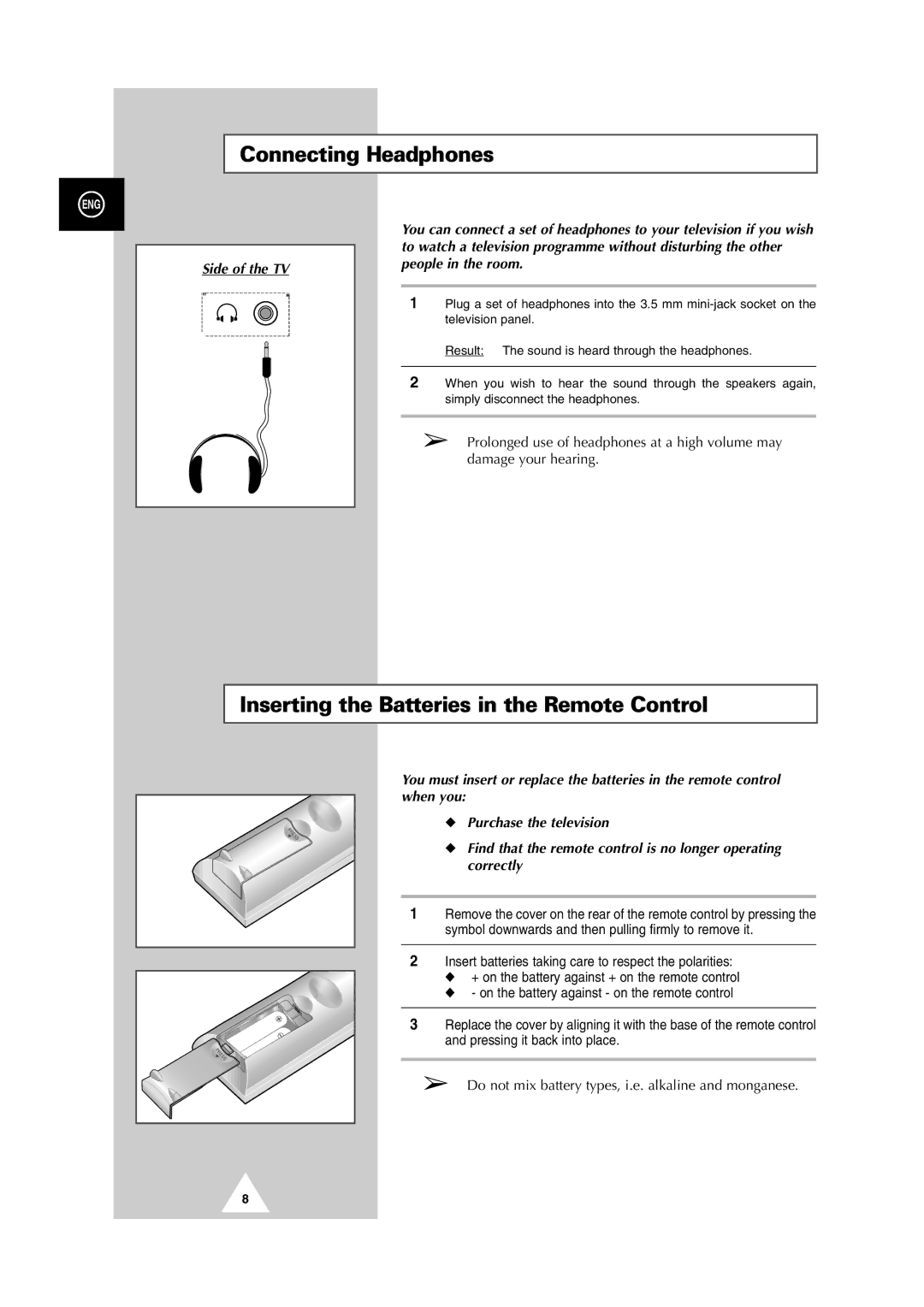 Samsung DW21G5, DS-21G5 manual Connecting Headphones, Inserting the Batteries in the Remote Control 