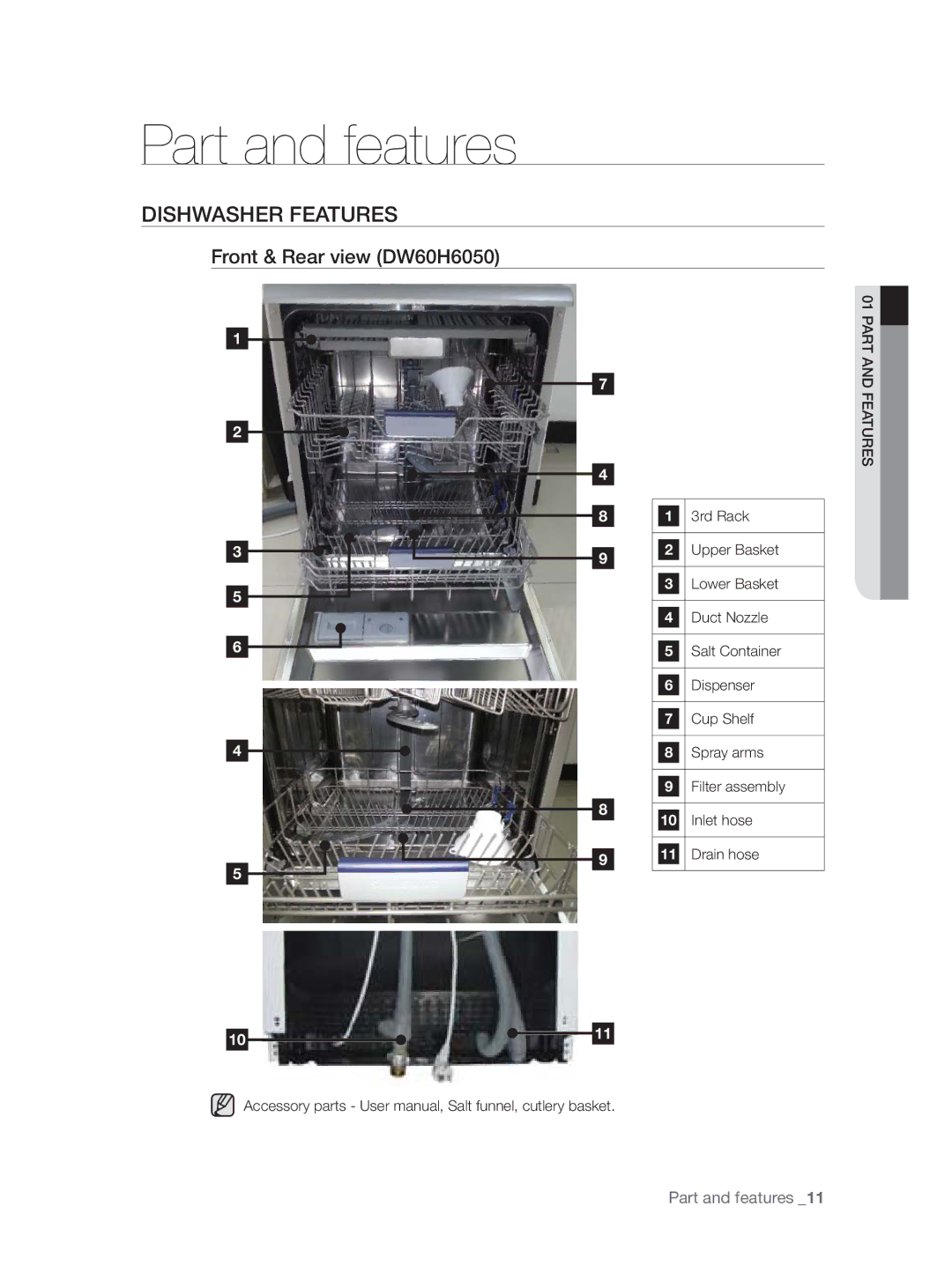 Samsung DW60H3010FW/TN, DW60H5050FS/TN manual Part and features, Dishwasher Features, Front & Rear view DW60H6050 