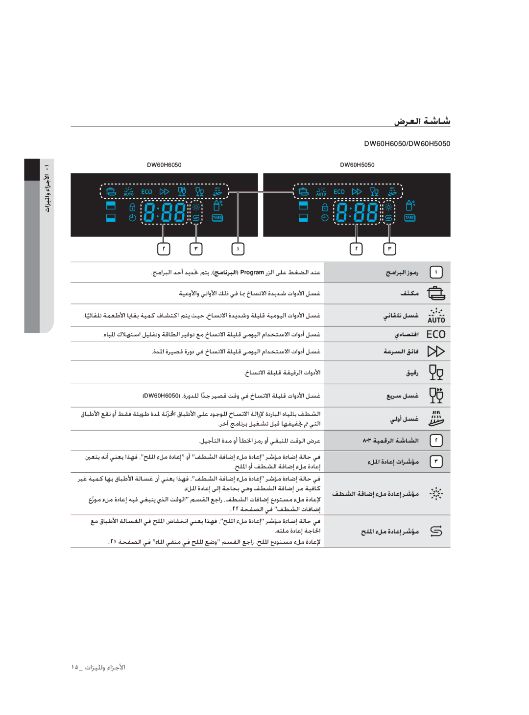 Samsung DW60H3010FW/TN, DW60H5050FS/TN manual ضﺮﻌﻟا ﺔﺷﺎﺷ, تاﺰﻴﳌاو ءاﺰﺟﻷا, DW60H6050 DW60H5050 