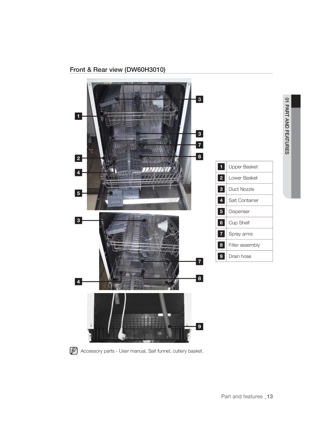 Samsung DW60H3010FW/TN, DW60H5050FS/TN manual Front & Rear view DW60H3010 