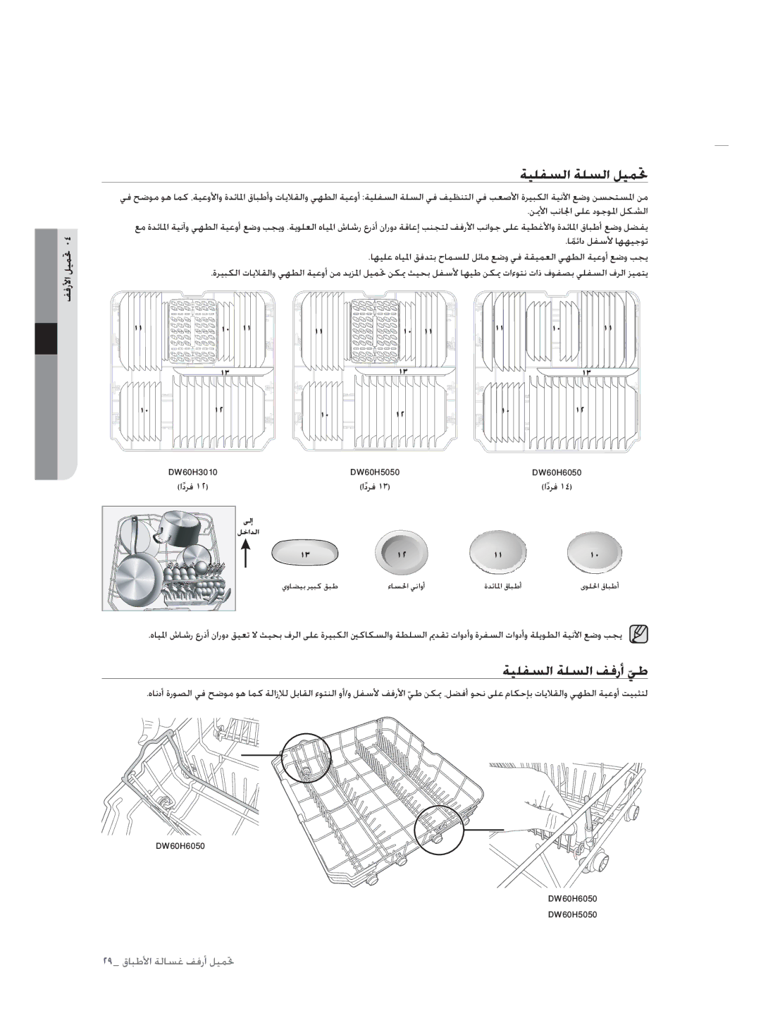 Samsung DW60H3010FW/TN, DW60H5050FS/TN manual ﺔﻴﻠﻔﺴﻟا ﺔﻠﺴﻟا ﻞﻴﻤﲢ, ﺔﻴﻠﻔﺴﻟا ﺔﻠﺴﻟا ﻒﻓرأ ﻲﻃ, ﻒﻓرﻷا ﲢﻞﻴﻤ 