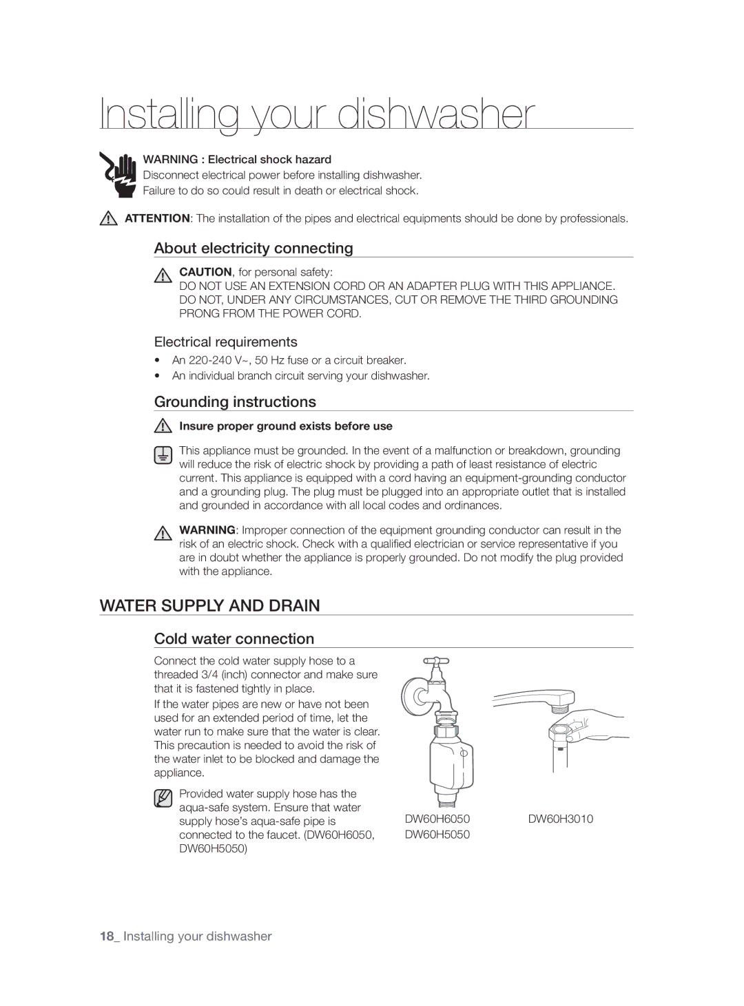 Samsung DW60H5050FS/TN, DW60H3010FW/TN Installing your dishwasher, Water Supply and Drain, About electricity connecting 