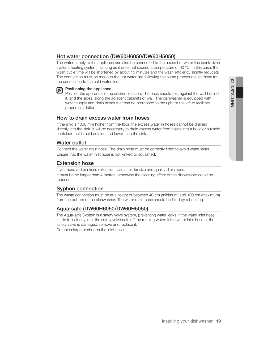 Samsung DW60H3010FW/TN manual Hot water connection DW60H6050/DW60H5050, How to drain excess water from hoses, Water outlet 