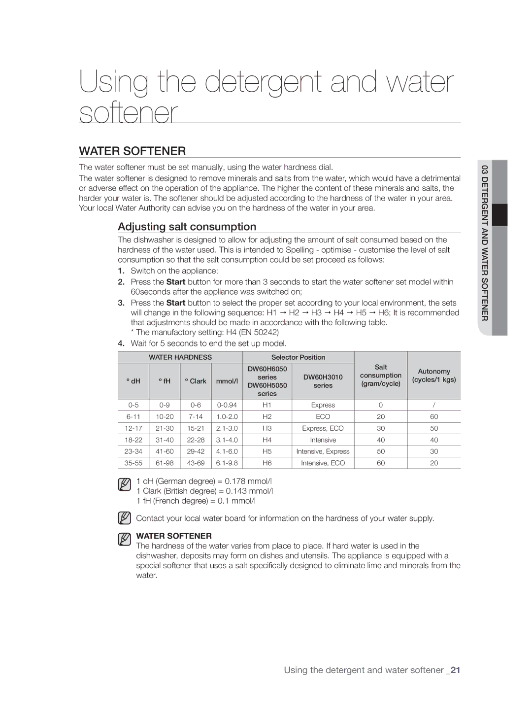 Samsung DW60H3010FW/TN, DW60H5050FS/TN Using the detergent and water softener, Water Softener, Adjusting salt consumption 