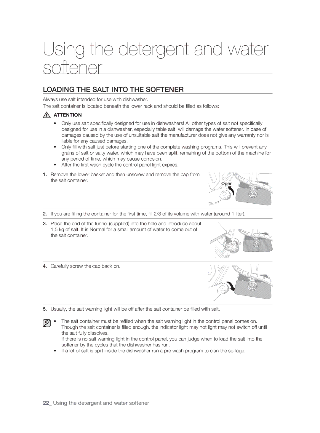 Samsung DW60H5050FS/TN, DW60H3010FW/TN manual Loading the Salt Into the Softener 