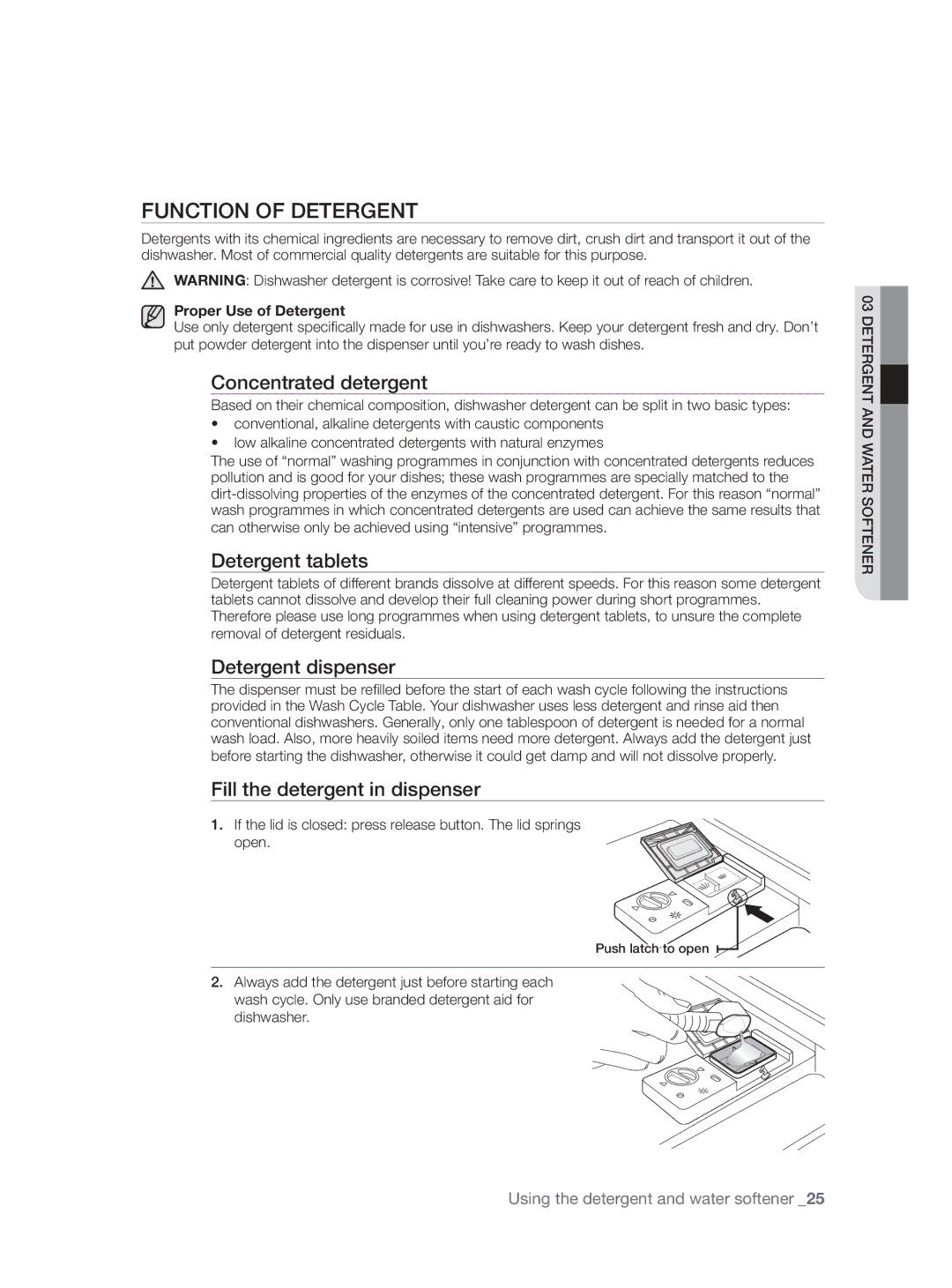 Samsung DW60H3010FW/TN manual Function of Detergent, Concentrated detergent, Detergent tablets, Detergent dispenser 