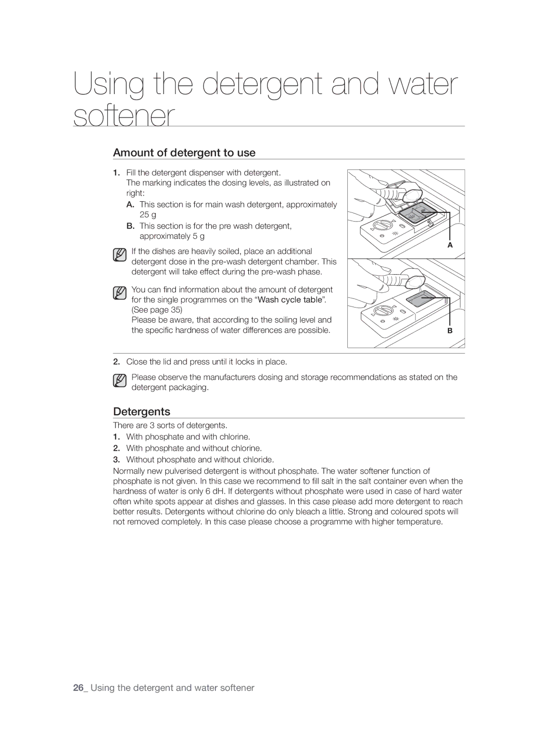 Samsung DW60H5050FS/TN, DW60H3010FW/TN manual Amount of detergent to use, Detergents 