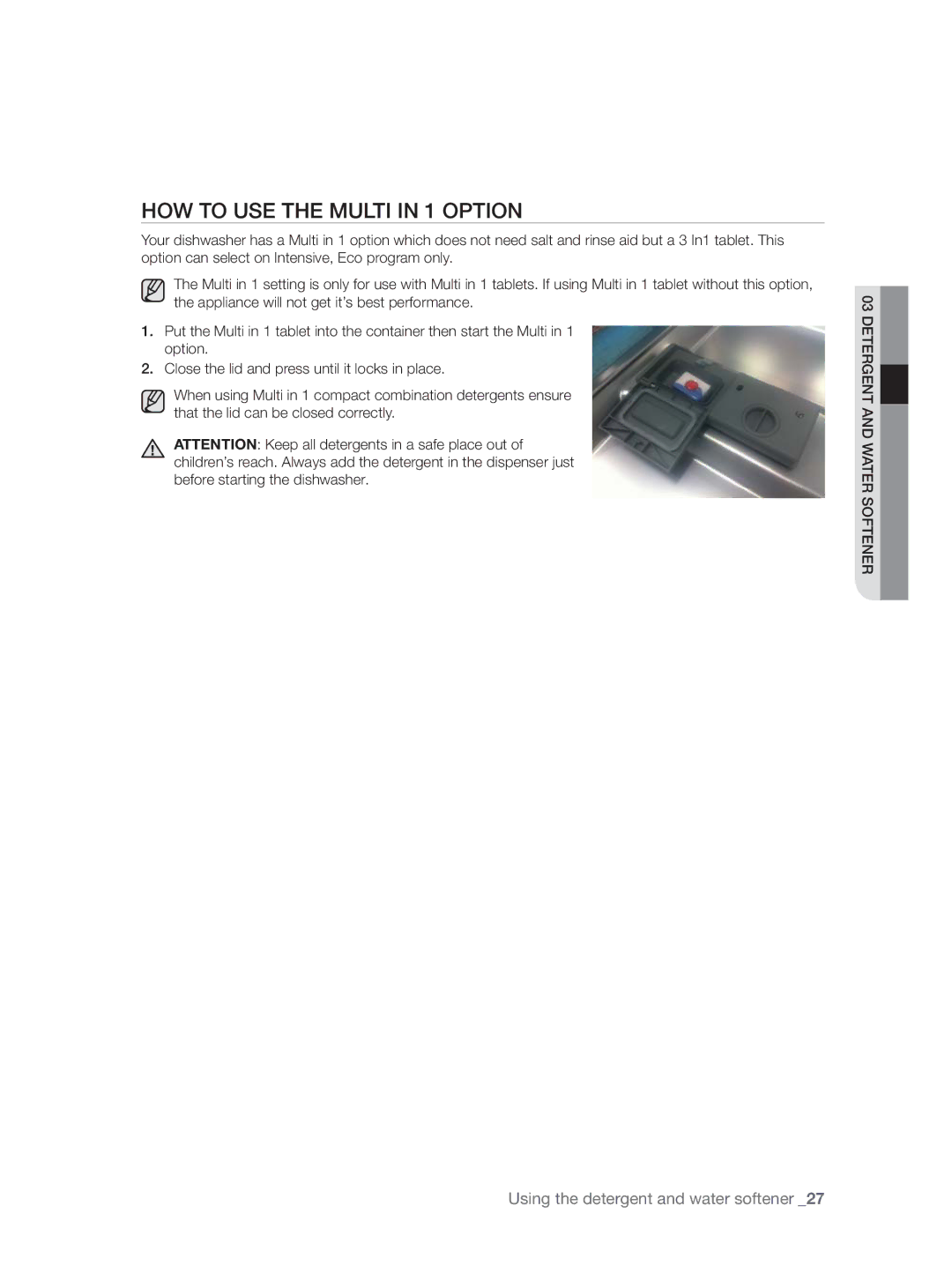 Samsung DW60H3010FW/TN, DW60H5050FS/TN manual HOW to USE the Multi in 1 Option 