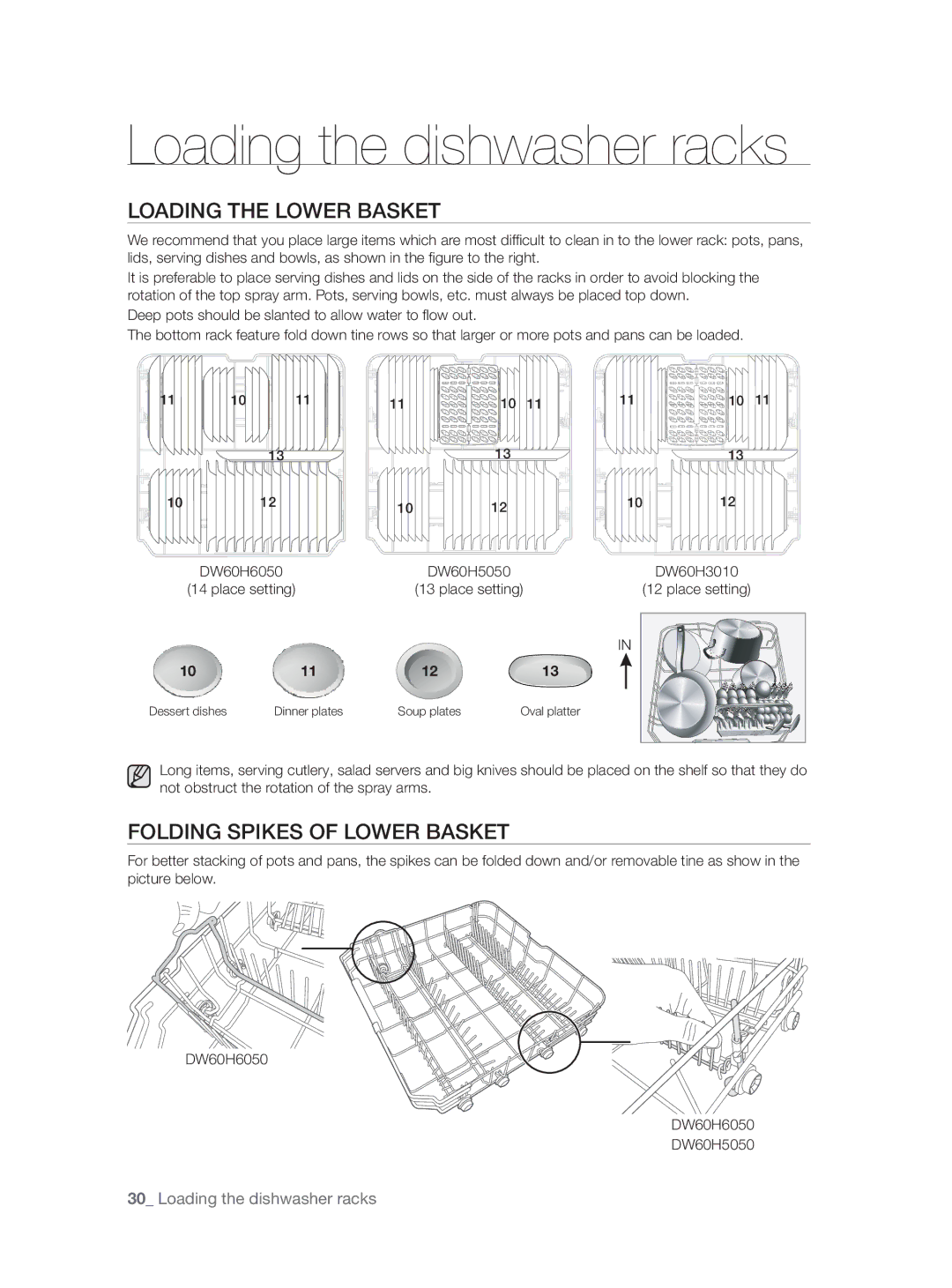 Samsung DW60H5050FS/TN, DW60H3010FW/TN manual Loading the Lower Basket, Folding Spikes of Lower Basket 