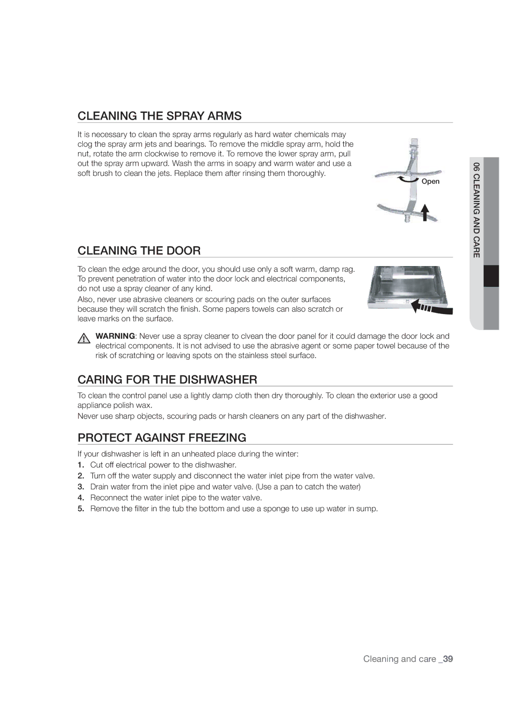 Samsung DW60H3010FW/TN Cleaning the Spray Arms, Cleaning the Door, Caring for the Dishwasher, Protect Against Freezing 