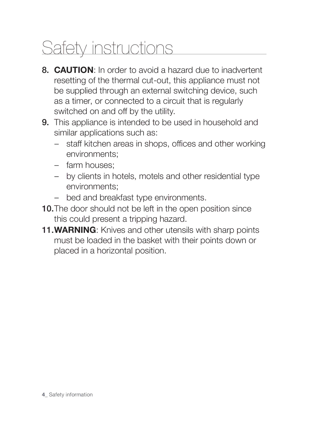 Samsung DW60H5050FS/TN, DW60H3010FW/TN manual Safety instructions 