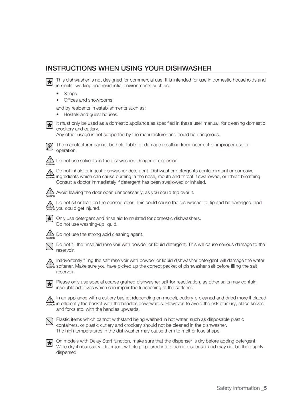 Samsung DW60H3010FW/TN, DW60H5050FS/TN manual Instructions When Using Your Dishwasher, Forks etc. with the handles upwards 