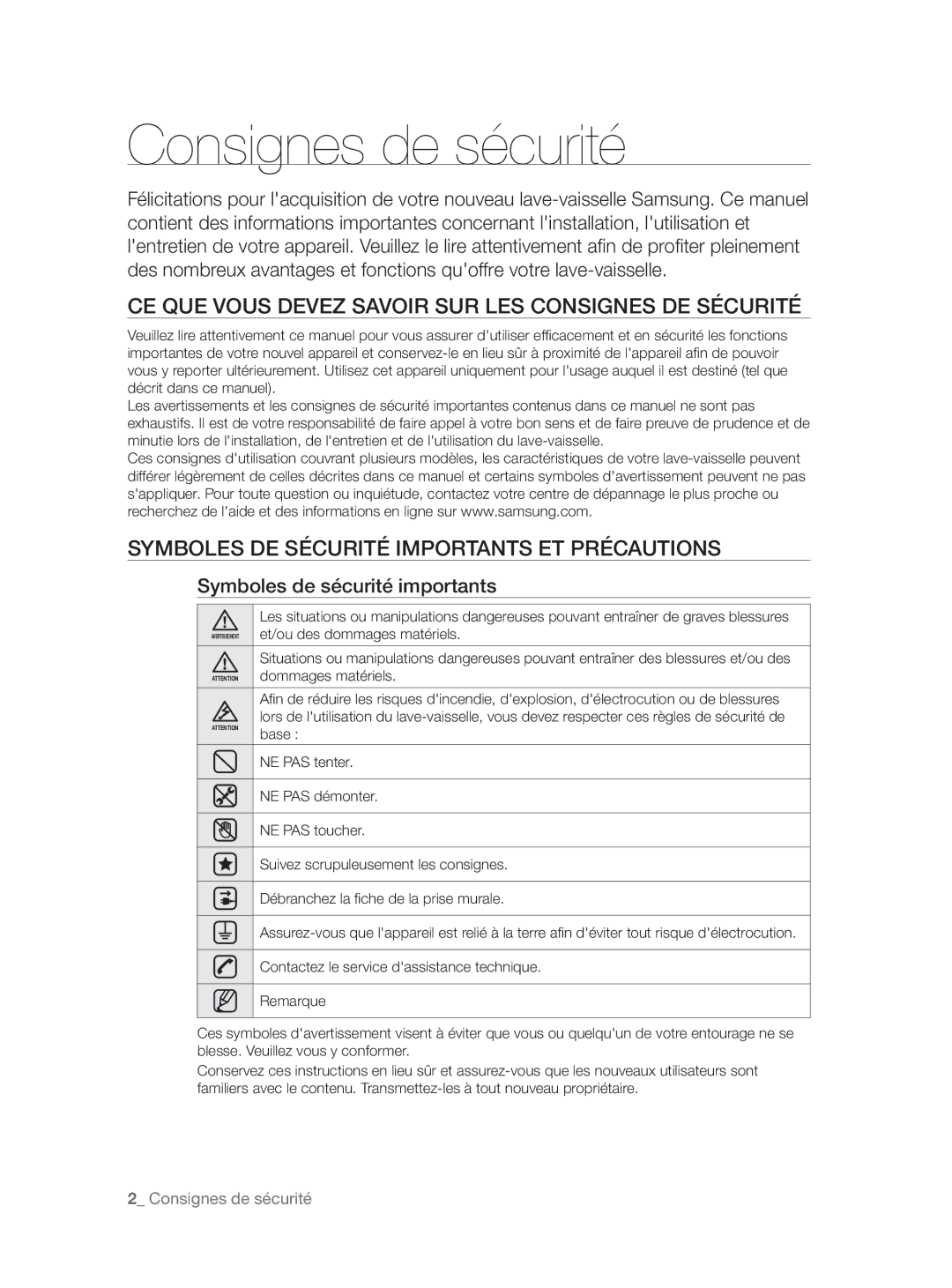 Samsung DW60H5050FS/TN, DW60H3010FW/TN manual Consignes de sécurité, CE QUE Vous Devez Savoir SUR LES Consignes DE Sécurité 