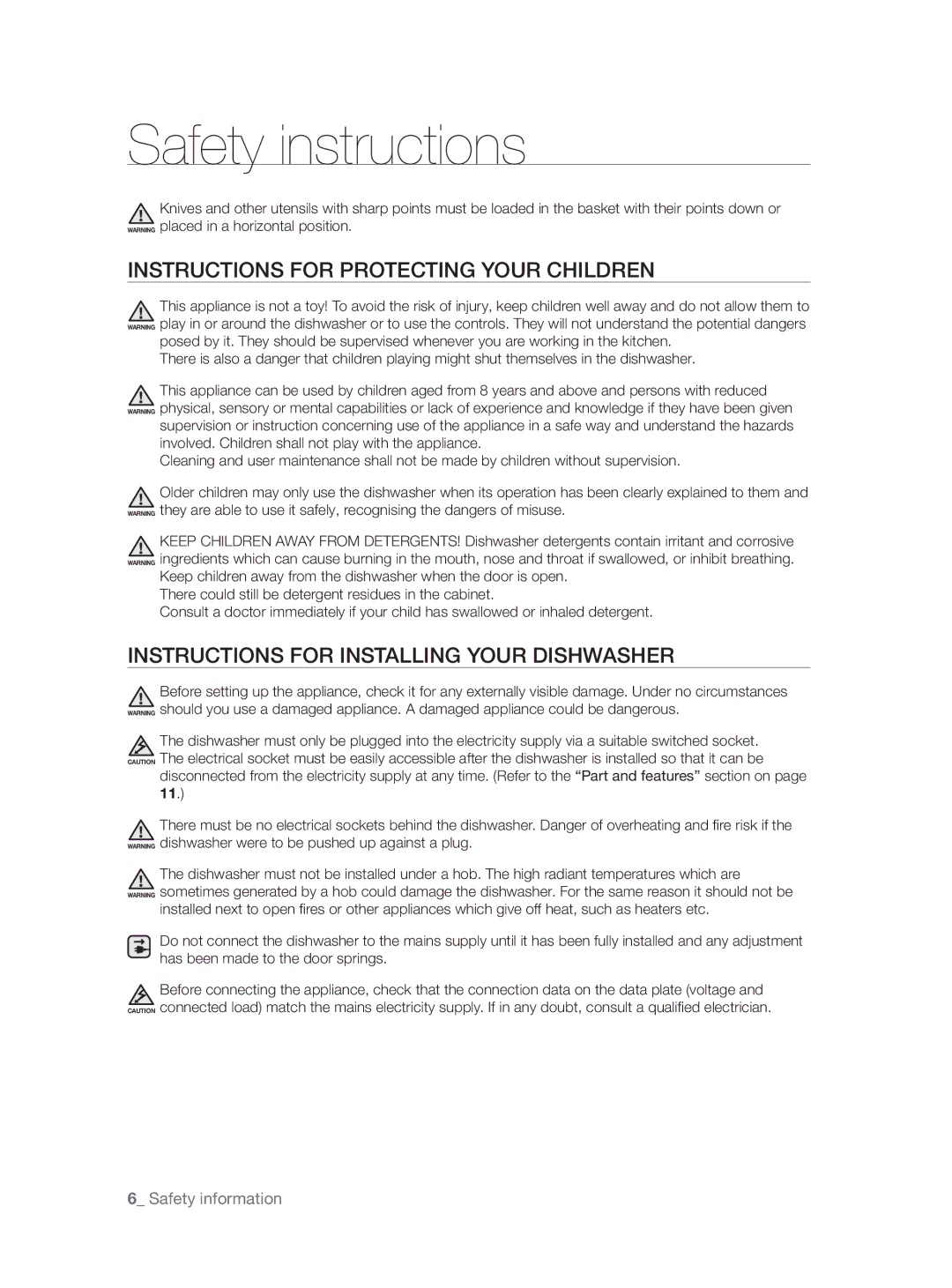 Samsung DW60H5050FS/TN manual Instructions for Protecting Your Children, Instructions for Installing Your Dishwasher 