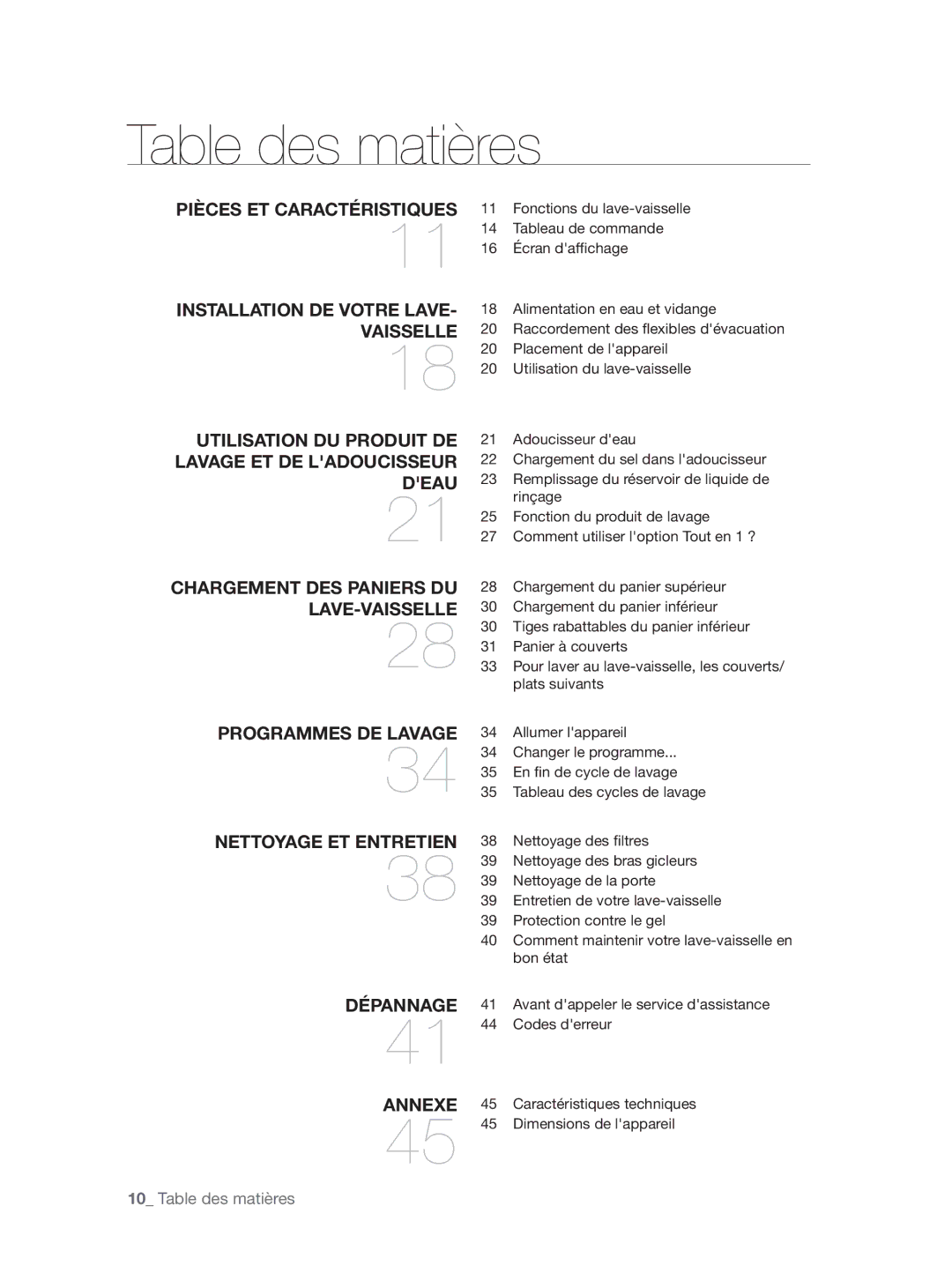 Samsung DW60H5050FS/TN, DW60H3010FW/TN manual Table des matières 