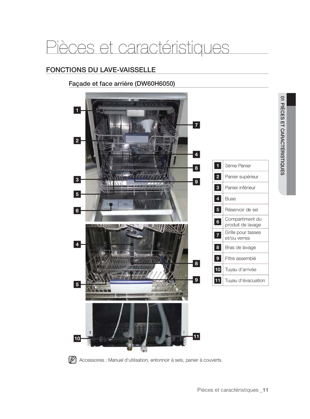 Samsung DW60H3010FW/TN manual Pièces et caractéristiques, Fonctions DU LAVE-VAISSELLE, Façade et face arrière DW60H6050 