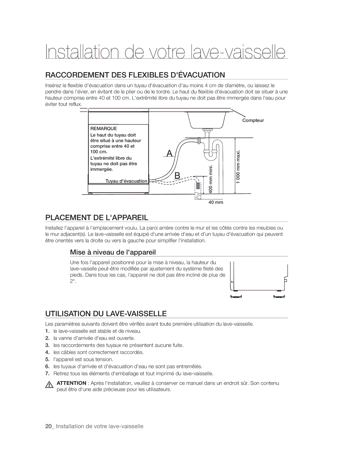 Samsung DW60H5050FS/TN manual Raccordement DES Flexibles Dévacuation, Placement DE Lappareil, Utilisation DU LAVE-VAISSELLE 