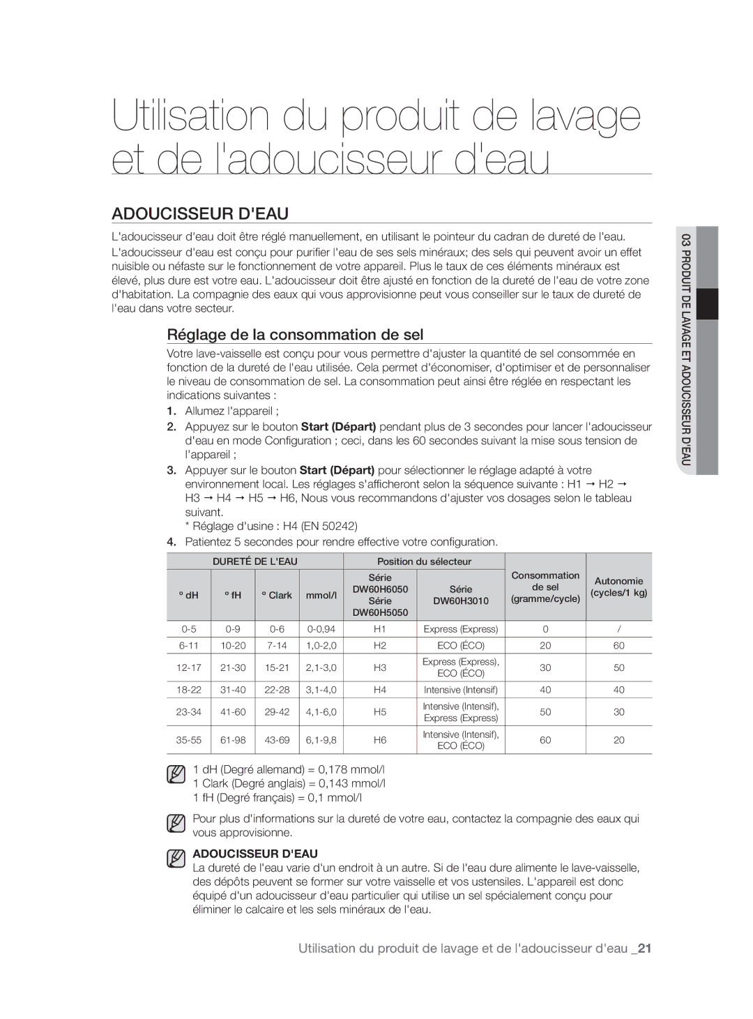 Samsung DW60H3010FW/TN, DW60H5050FS/TN manual Adoucisseur Deau, Réglage de la consommation de sel 