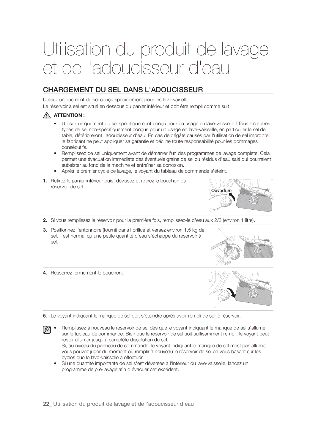 Samsung DW60H5050FS/TN, DW60H3010FW/TN manual Chargement DU SEL Dans Ladoucisseur 