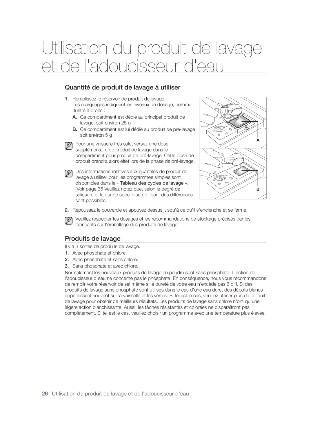 Samsung DW60H5050FS/TN, DW60H3010FW/TN manual Quantité de produit de lavage à utiliser, Produits de lavage 