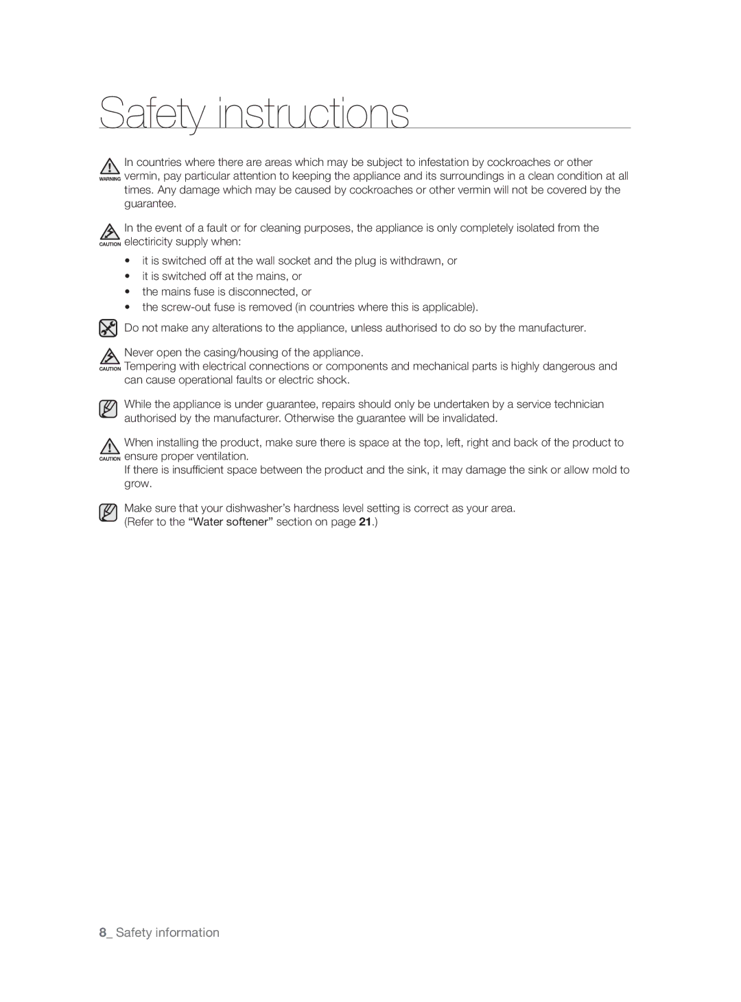 Samsung DW60H5050FS/TN, DW60H3010FW/TN manual Safety instructions 