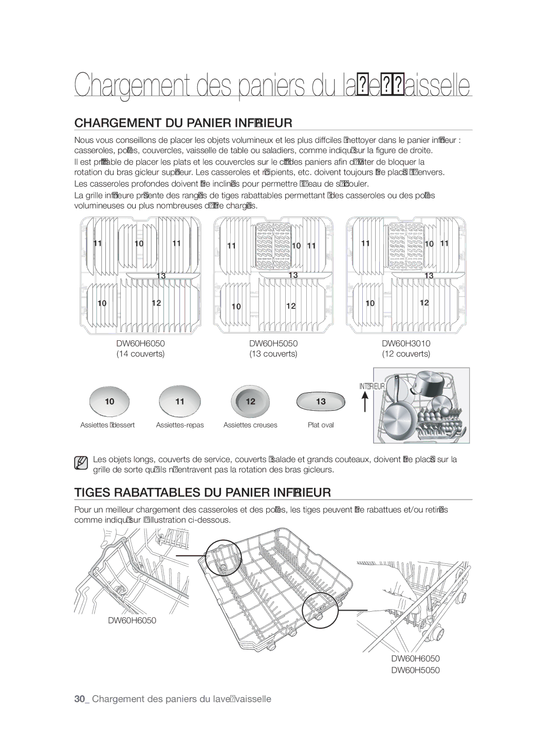 Samsung DW60H5050FS/TN, DW60H3010FW/TN manual Chargement DU Panier Inférieur, Tiges Rabattables DU Panier Inférieur 