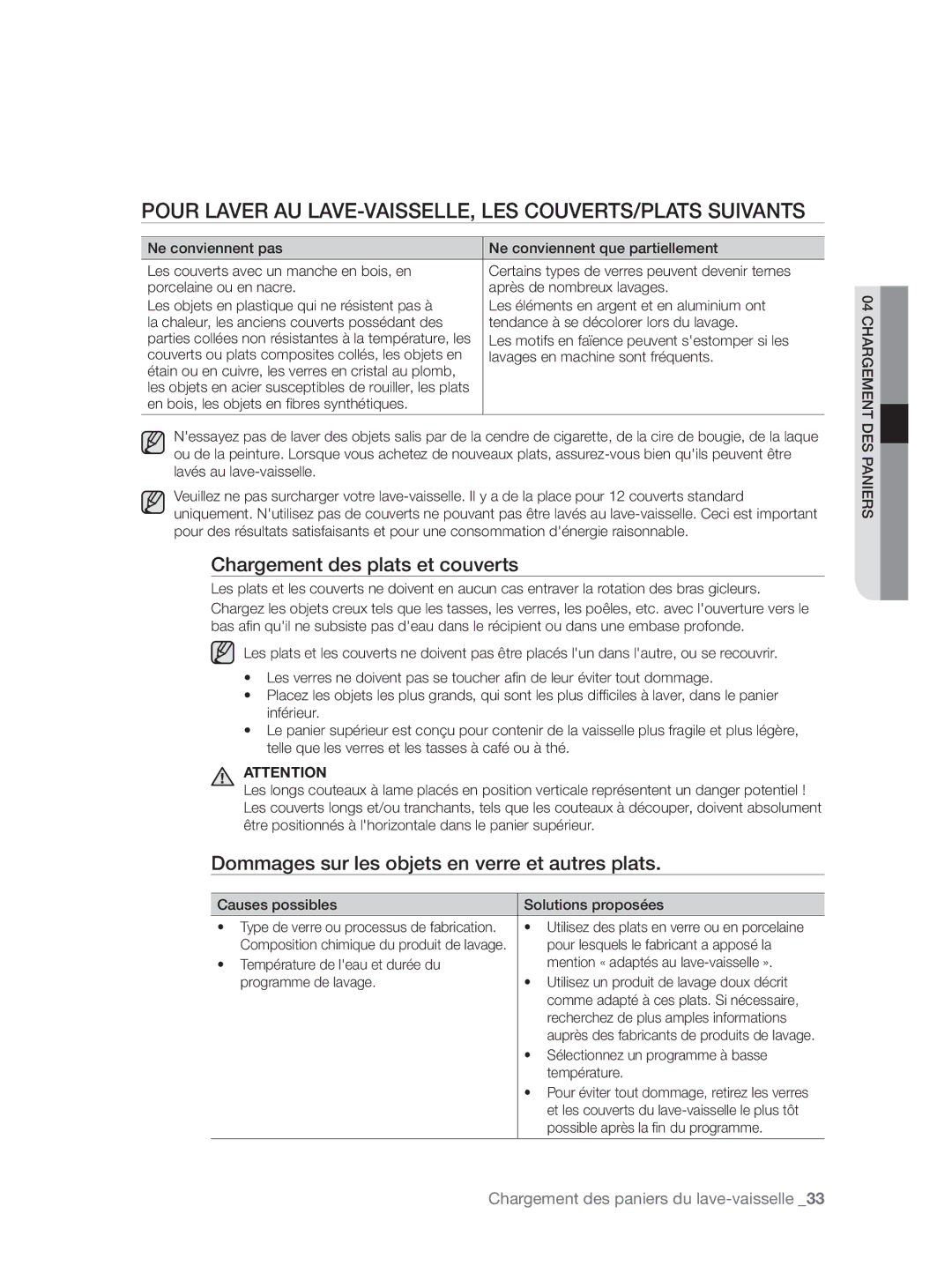 Samsung DW60H3010FW/TN manual Pour Laver AU LAVE-VAISSELLE, LES COUVERTS/PLATS Suivants, Chargement des plats et couverts 