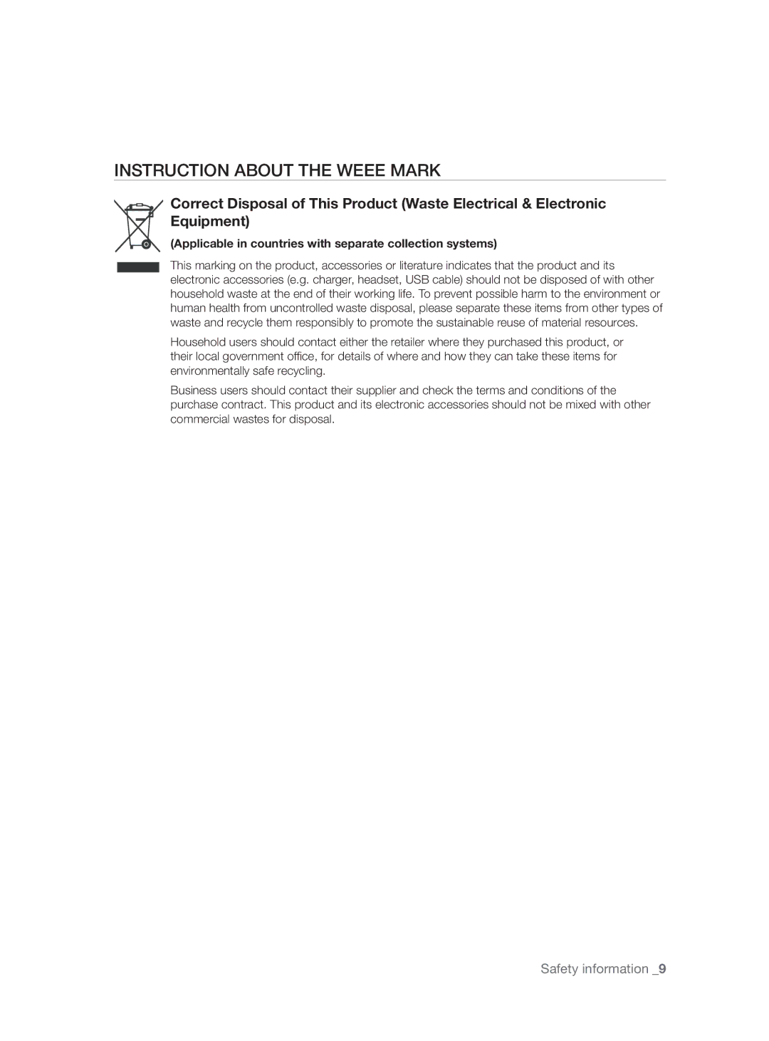 Samsung DW60H3010FW/TN manual Instruction about the Weee Mark, Applicable in countries with separate collection systems 