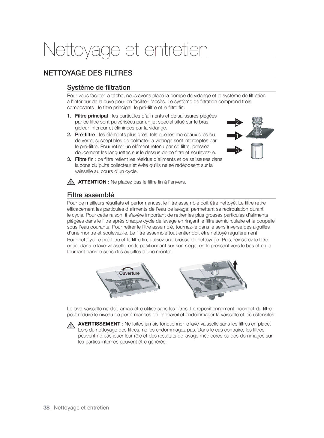 Samsung DW60H5050FS/TN manual Nettoyage et entretien, Nettoyage DES Filtres, Système de ﬁltration, Filtre assemblé 