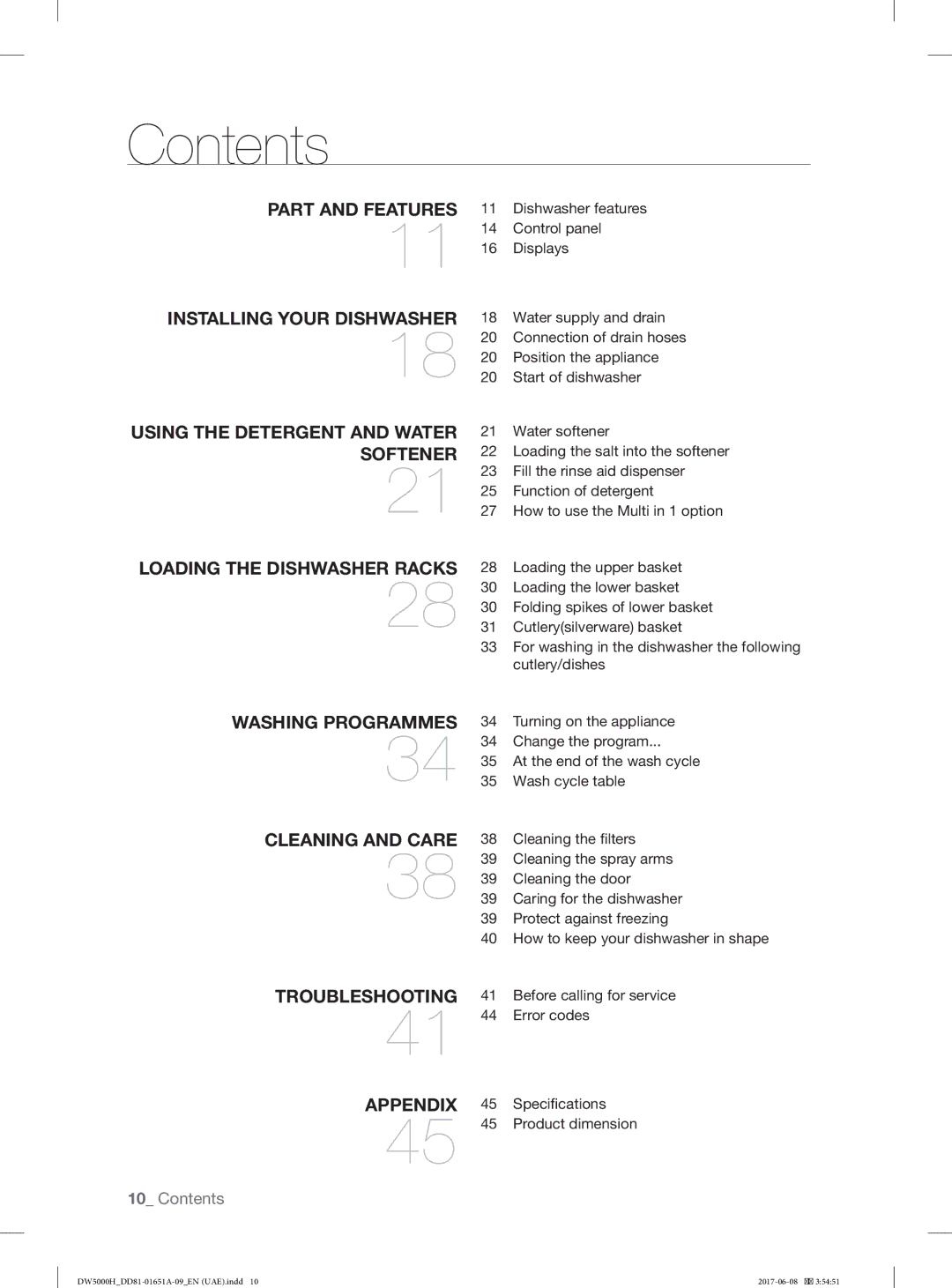 Samsung DW60H5050FW/TR, DW60H6050FW/TR, DW60H6050FS/TR, DW60H3010FV/TR, DW60H3010FW/TR, DW60H5050FS/TR manual Contents 