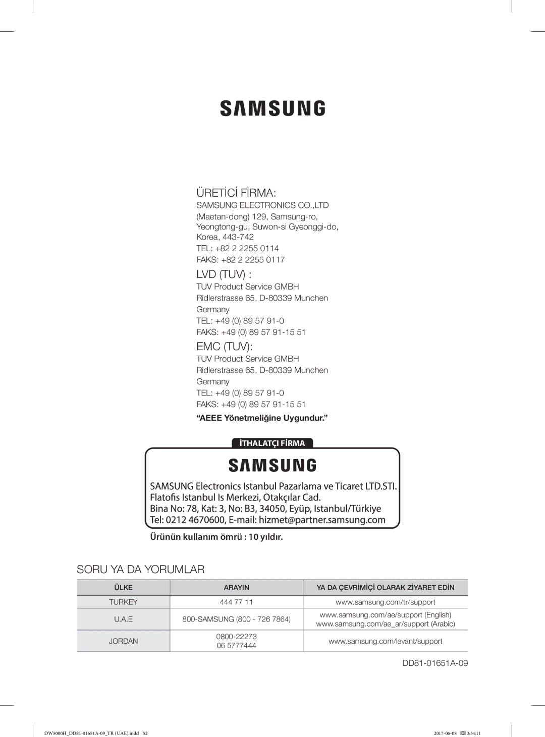 Samsung DW60H3010FV/TR, DW60H6050FW/TR, DW60H6050FS/TR, DW60H3010FW/TR manual Üretİcİ Fİrma, Aeee Yönetmeliğine Uygundur 