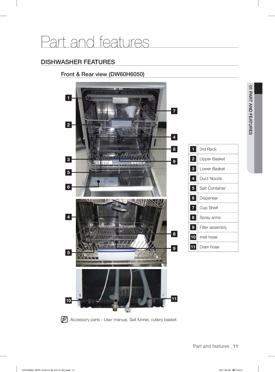 Samsung DW60H5050FS/TR, DW60H6050FW/TR, DW60H6050FS/TR Part and features, Dishwasher Features, Front & Rear view DW60H6050 