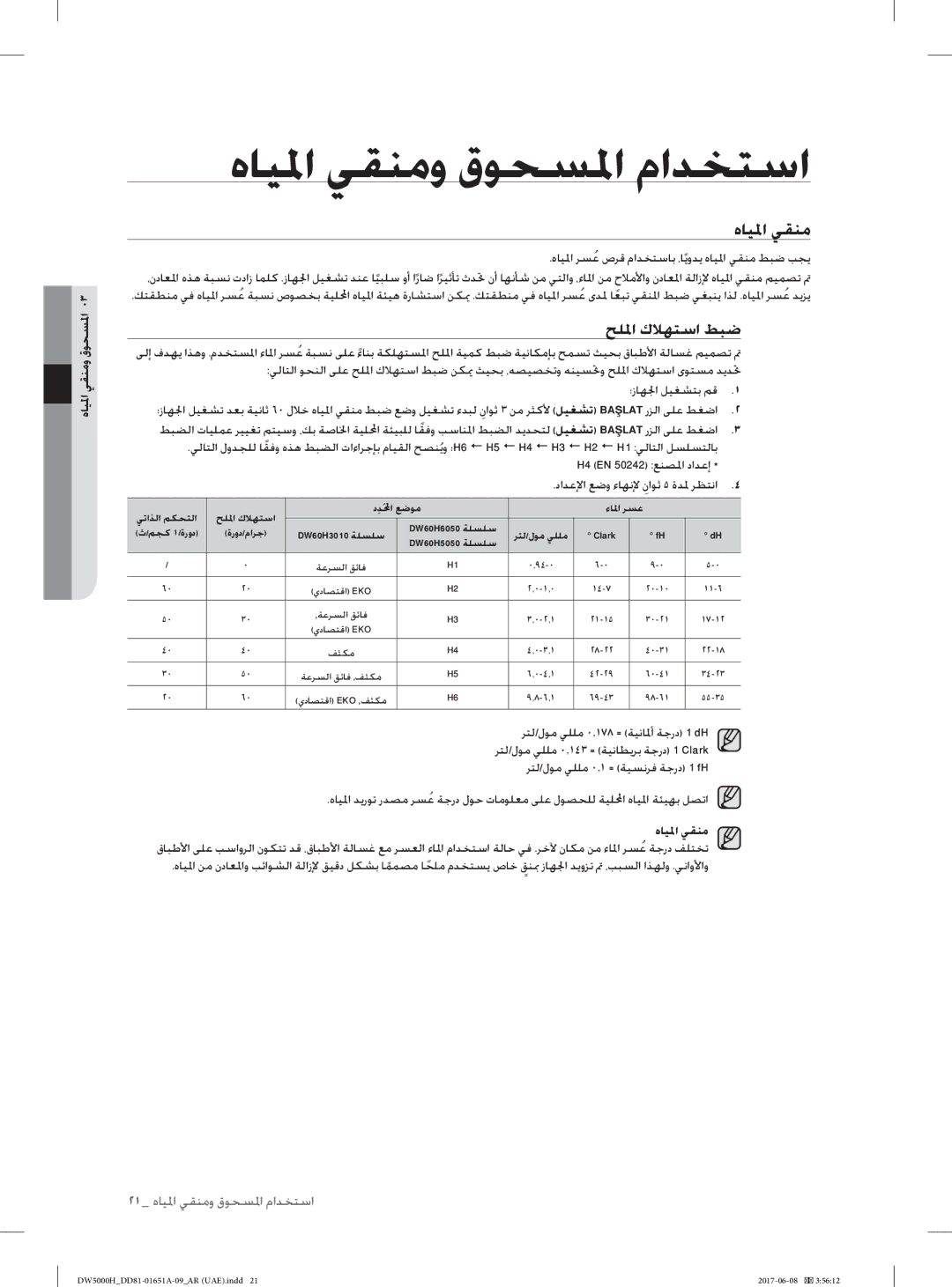 Samsung DW60H5050FS/TR, DW60H6050FW/TR هﺎﻴﳌا ﻲﻘﻨﻣو قﻮﺤﺴﳌا ماﺪﺨﺘﺳا, ﺢﻠﳌا كﻼﻬﺘﺳا ﻂﺒﺿ, داﺪﻋﻹا ﻊﺿو ءﺎﻬﻧﻹ ناﻮﺛ ٥ ةﺪ ﳌ ﺮﻈﺘﻧا 