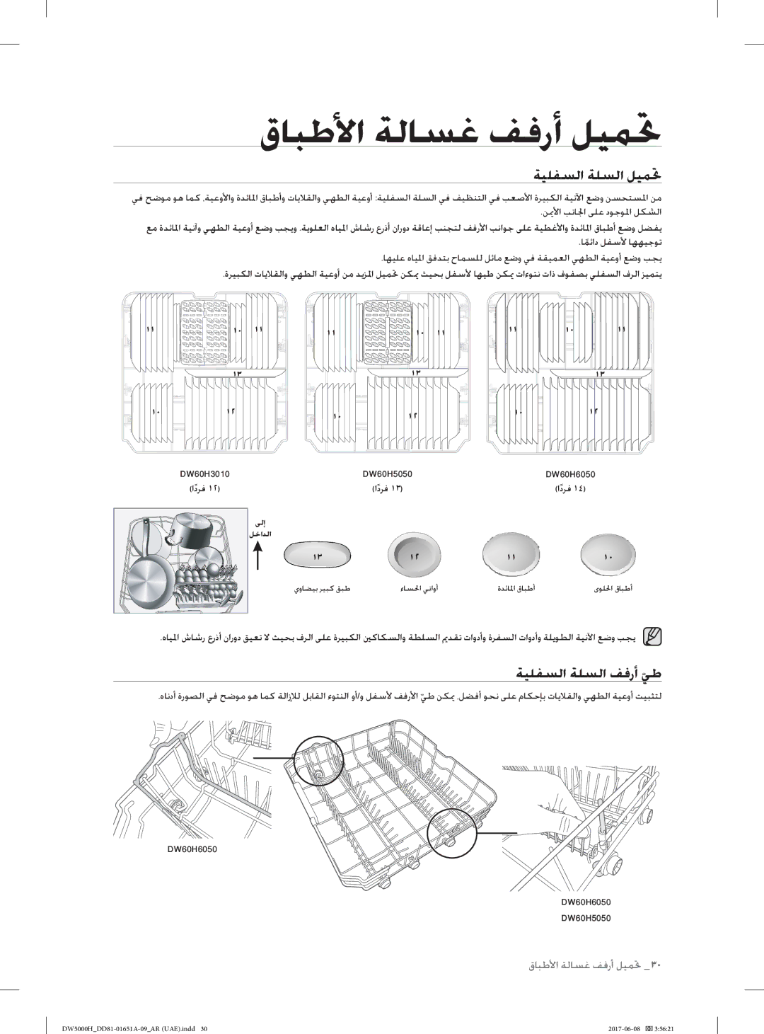 Samsung DW60H3010FV/TR, DW60H6050FW/TR, DW60H6050FS/TR, DW60H3010FW/TR manual ﺔﻴﻠﻔﺴﻟا ﺔﻠﺴﻟا ﻞﻴﻤﲢ, ﺔﻴﻠﻔﺴﻟا ﺔﻠﺴﻟا ﻒﻓرأ ﻲﻃ 