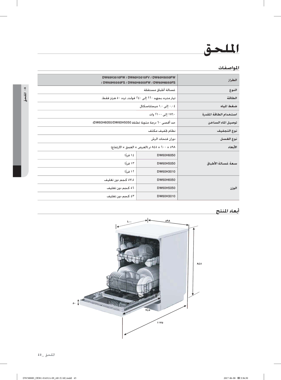 Samsung DW60H5050FS/TR, DW60H6050FW/TR, DW60H6050FS/TR, DW60H3010FV/TR, DW60H3010FW/TR manual ﻖﺤﻠﳌا, تﺎﻔﺻاﻮﳌا, ﺞﺘﻨﳌا دﺎﻌﺑأ 