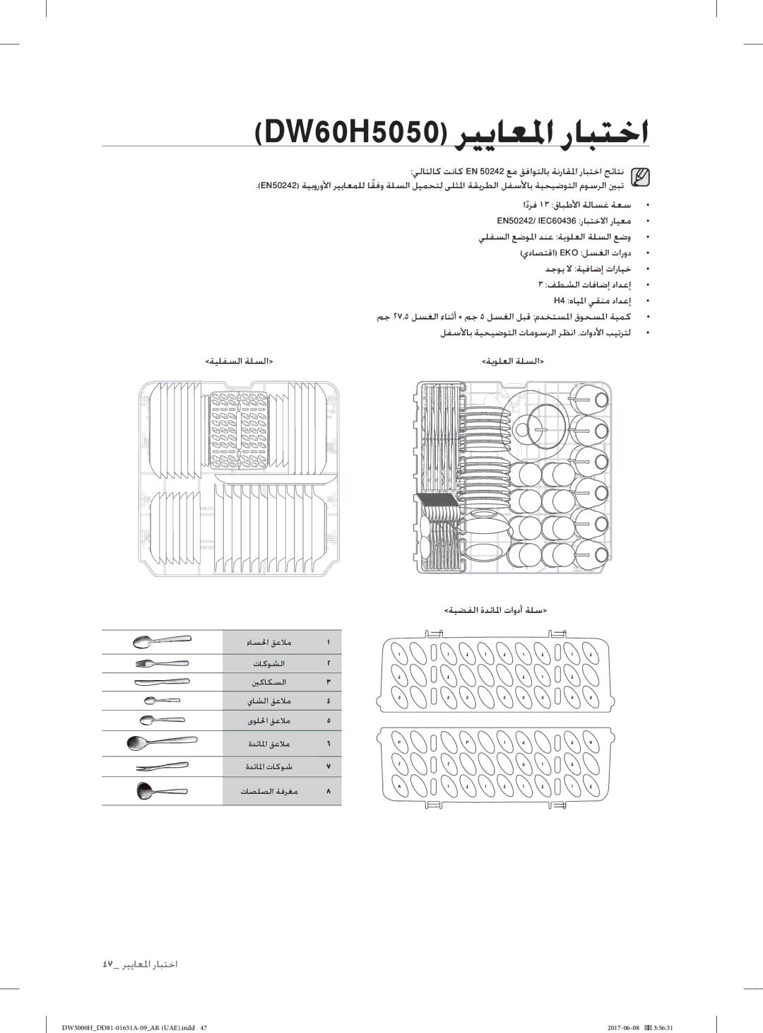 Samsung DW60H6050FS/TR, DW60H6050FW/TR, DW60H3010FV/TR, DW60H3010FW/TR, DW60H5050FW/TR manual DW60H5050 ﺮﻴﻳﺎﻌﳌا رﺎﺒﺘﺧا 