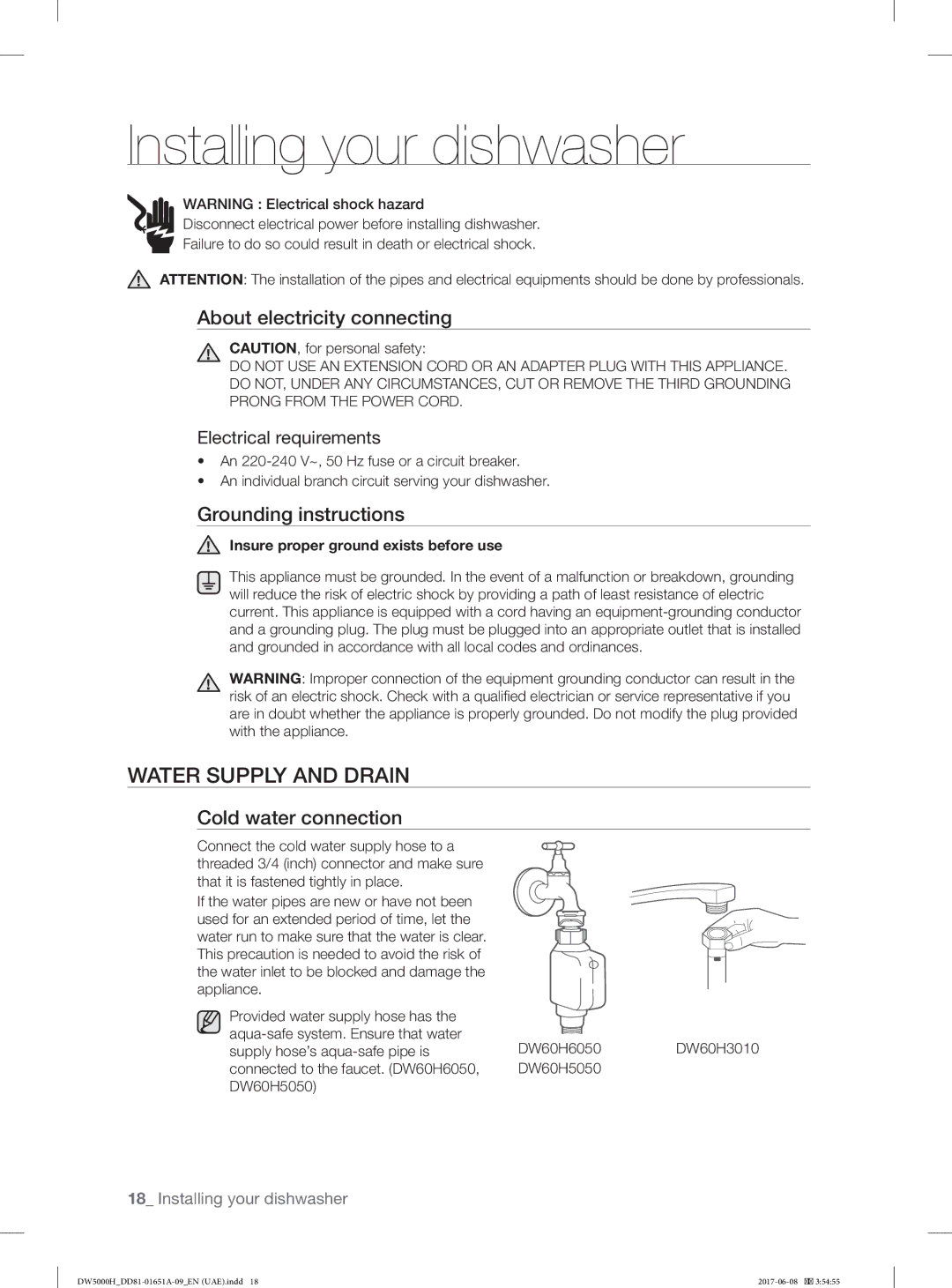 Samsung DW60H6050FW/TR, DW60H6050FS/TR Installing your dishwasher, Water Supply and Drain, About electricity connecting 