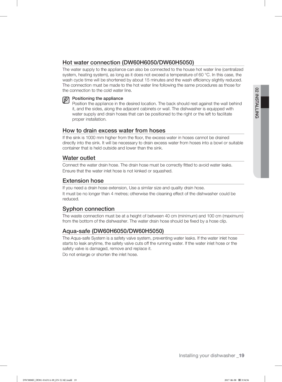 Samsung DW60H6050FS/TR manual Hot water connection DW60H6050/DW60H5050, How to drain excess water from hoses, Water outlet 