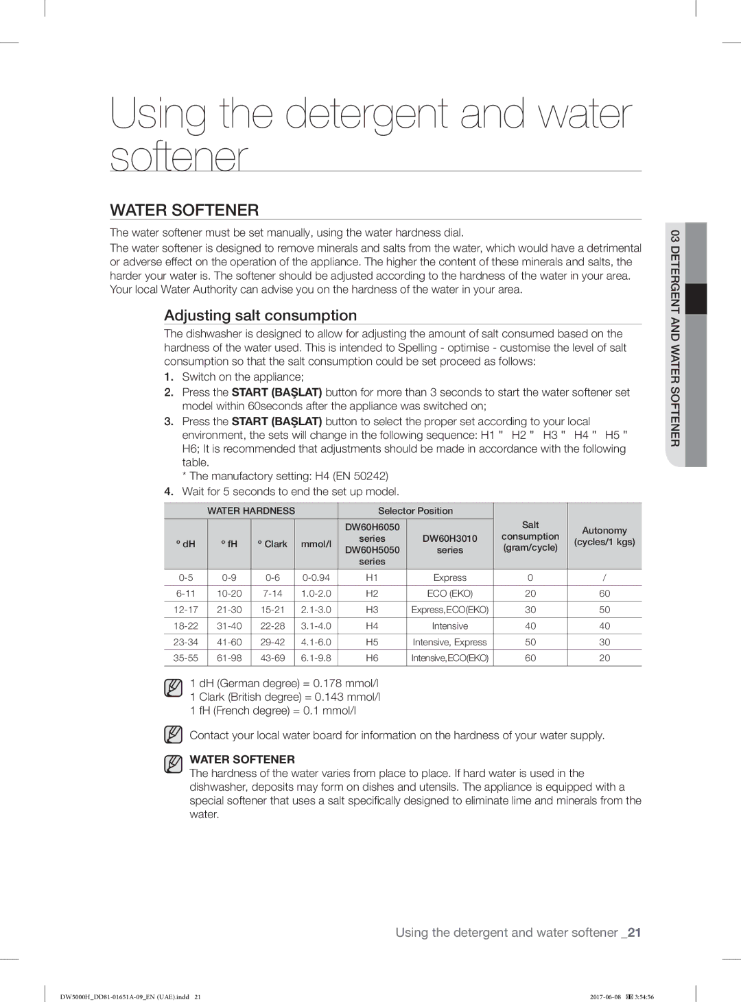 Samsung DW60H3010FW/TR, DW60H6050FW/TR Using the detergent and water softener, Water Softener, Adjusting salt consumption 