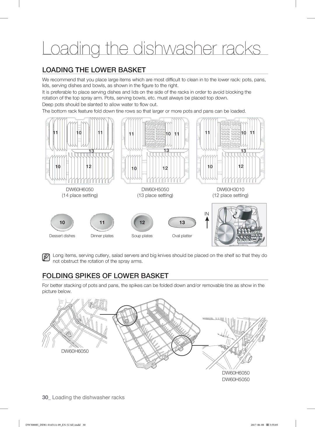 Samsung DW60H6050FW/TR, DW60H6050FS/TR, DW60H3010FV/TR manual Loading the Lower Basket, Folding Spikes of Lower Basket 