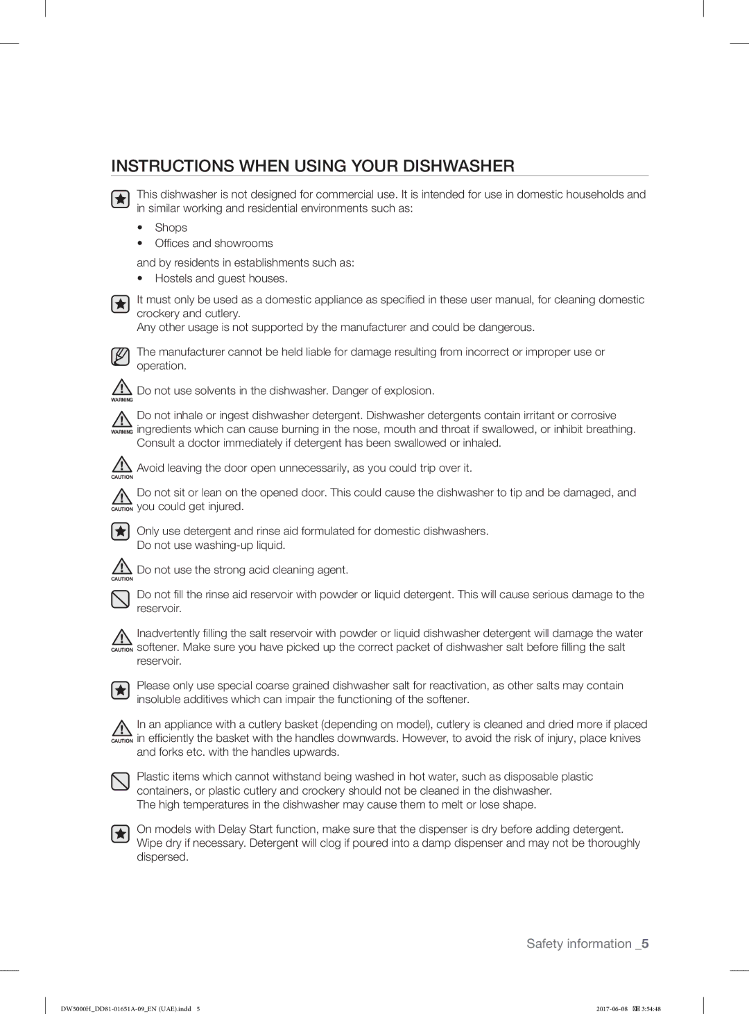 Samsung DW60H5050FS/TR, DW60H6050FW/TR manual Instructions When Using Your Dishwasher, Forks etc. with the handles upwards 