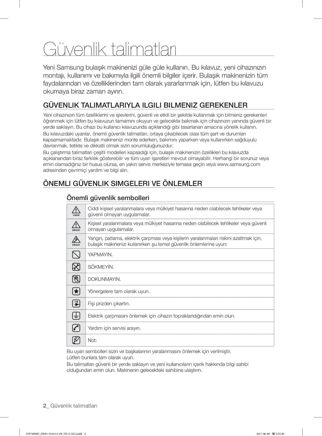 Samsung DW60H6050FW/TR, DW60H6050FS/TR manual Güvenlik talimatları, Güvenlik Talimatlariyla Ilgili Bilmeniz Gerekenler 