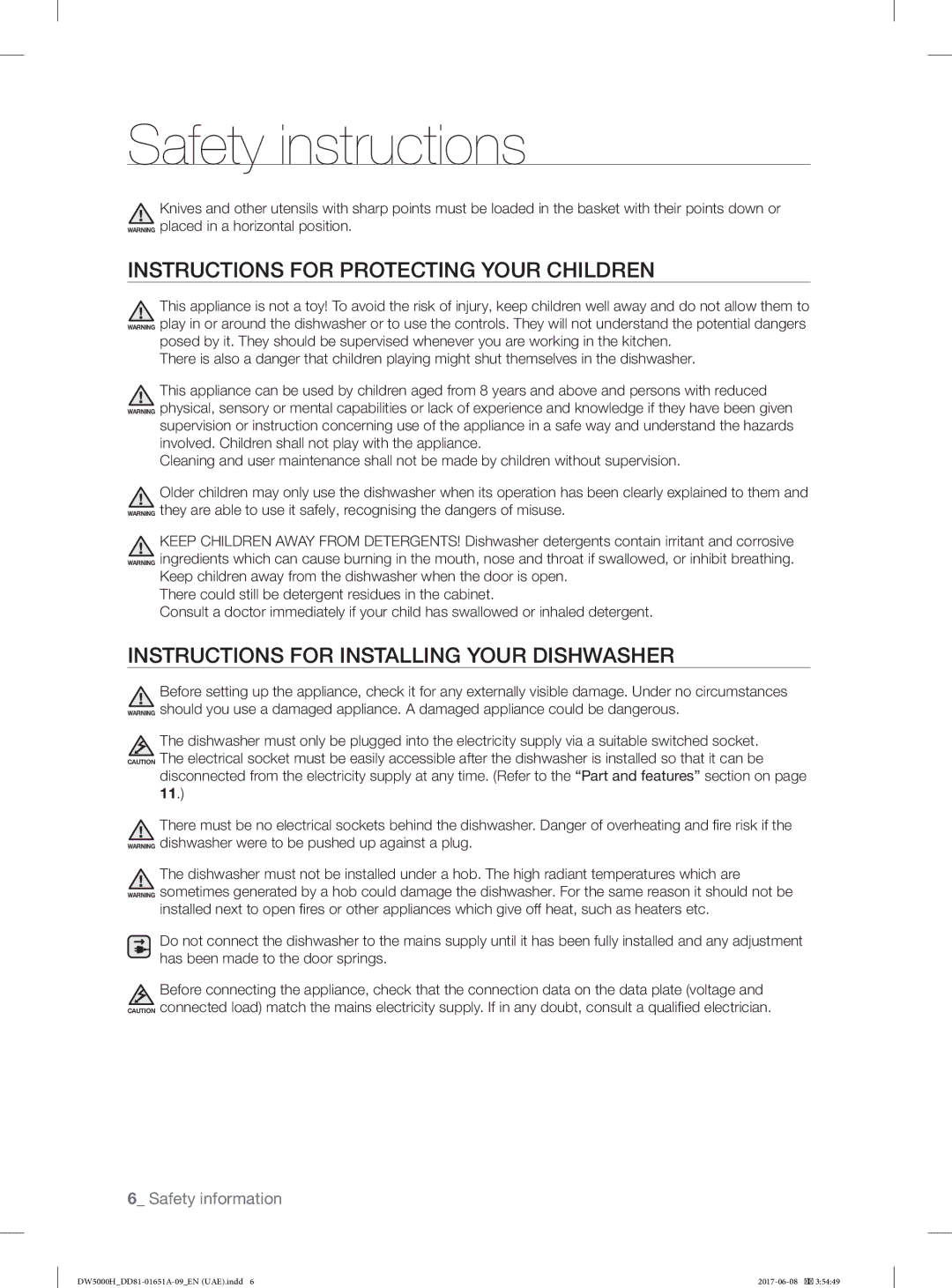 Samsung DW60H6050FW/TR manual Instructions for Protecting Your Children, Instructions for Installing Your Dishwasher 