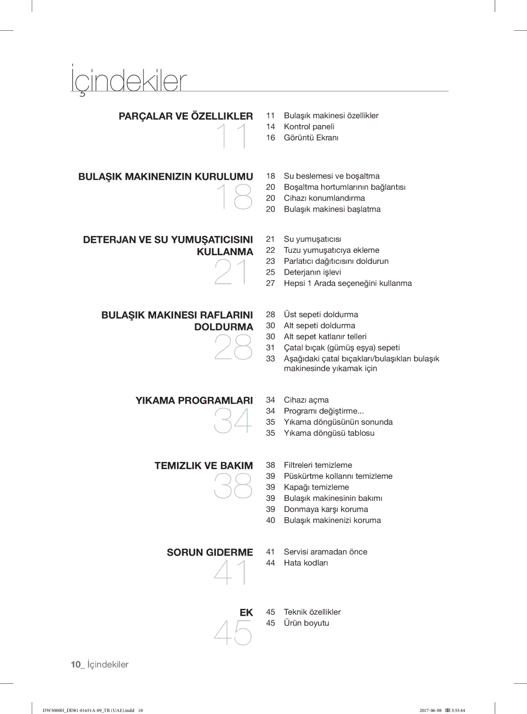 Samsung DW60H3010FV/TR, DW60H6050FW/TR, DW60H6050FS/TR, DW60H3010FW/TR, DW60H5050FW/TR, DW60H5050FS/TR manual İçindekiler 