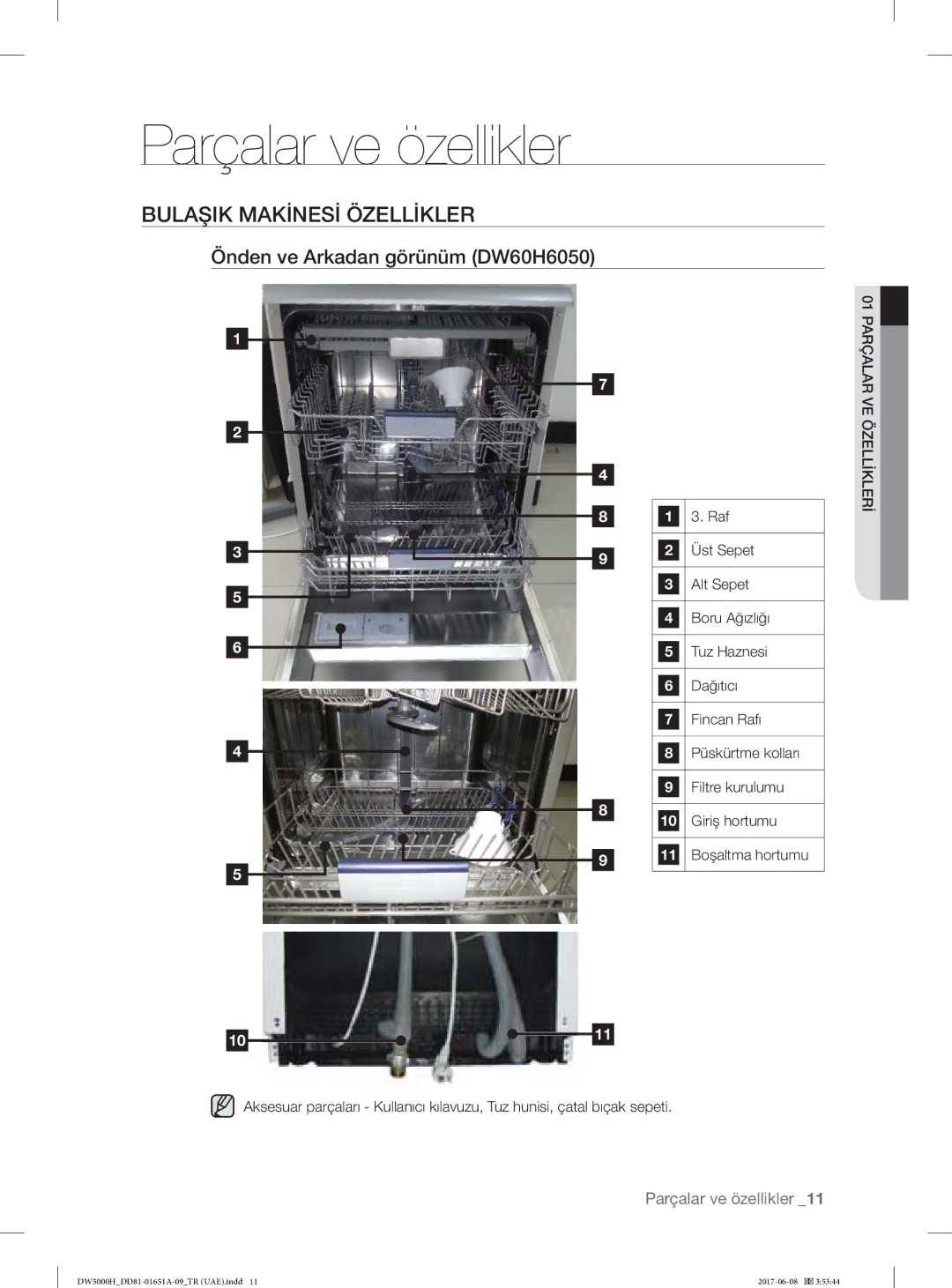 Samsung DW60H3010FW/TR manual Parçalar ve özellikler, Bulaşik Makİnesİ Özellİkler, Önden ve Arkadan görünüm DW60H6050 