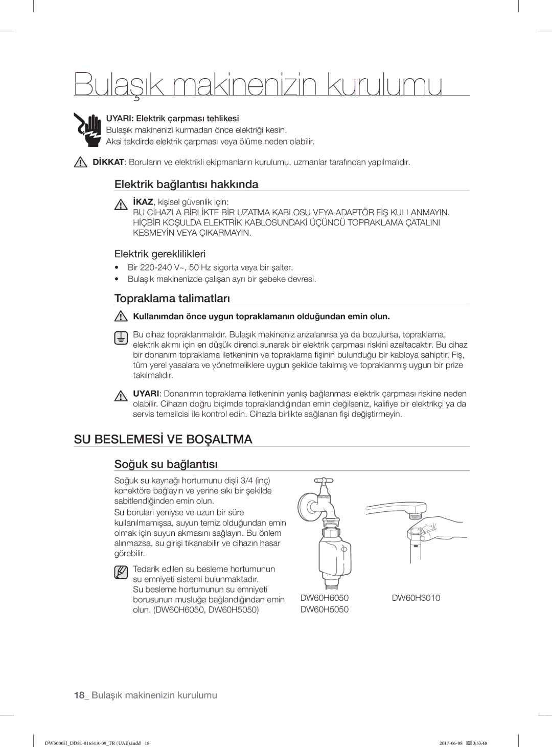 Samsung DW60H5050FW/TR manual Bulaşık makinenizin kurulumu, SU Beslemesİ VE Boşaltma, Elektrik bağlantısı hakkında 