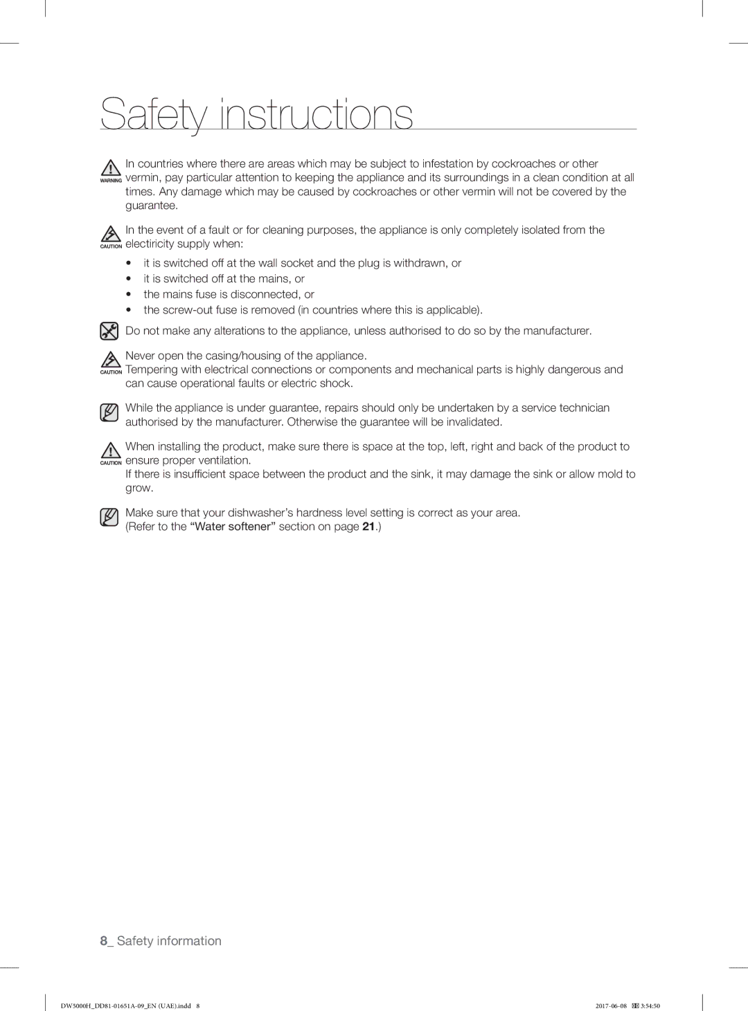 Samsung DW60H3010FV/TR, DW60H6050FW/TR, DW60H6050FS/TR, DW60H3010FW/TR, DW60H5050FW/TR, DW60H5050FS/TR Safety instructions 