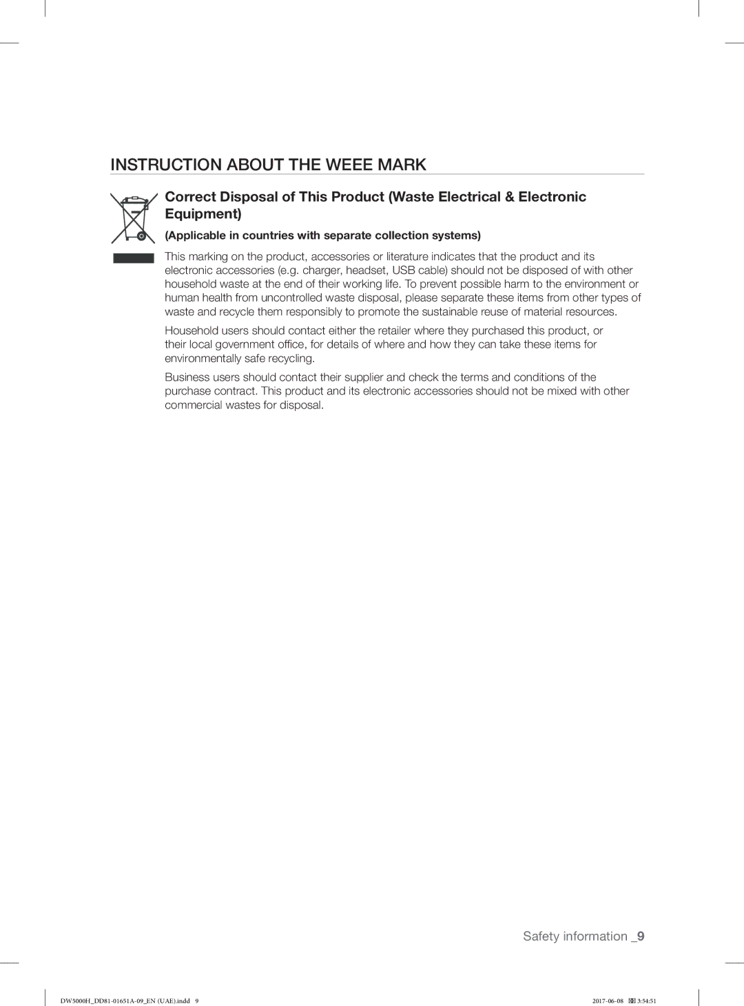 Samsung DW60H3010FW/TR manual Instruction about the Weee Mark, Applicable in countries with separate collection systems 